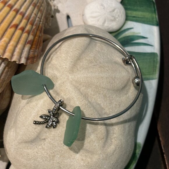 Seafoam Green Authentic Sea Glass Stainless Steel Bangle Bracelet w/Palm Tree - Picture 2 of 3